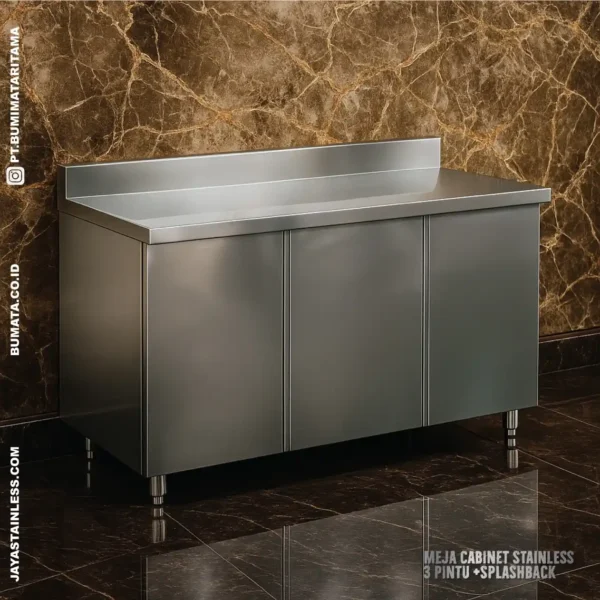 Meja Cabinet Stainless 3 Pintu + Splashback – Kokoh, Higienis & Praktis untuk Dapur Modern